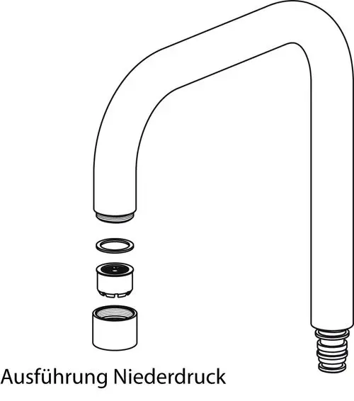 Illustration eines Rohrauslaufs mit mehreren Komponenten. Die Darstellung zeigt die Einzelteile des Produkts, hergestellt von Ideal Standard, für eine Niederdruckausführung.